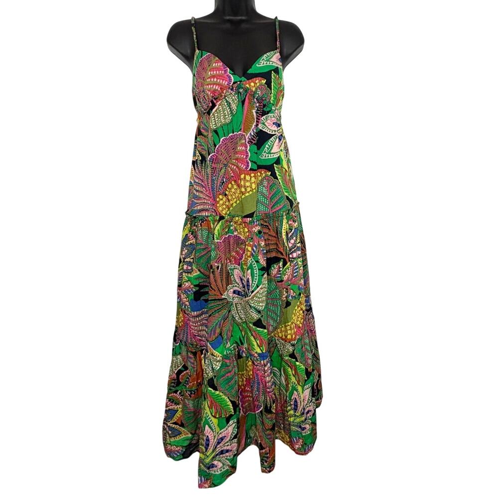 Green Black Multicolor Leaves Women's Lined Tie Back Summer Dress NWT
